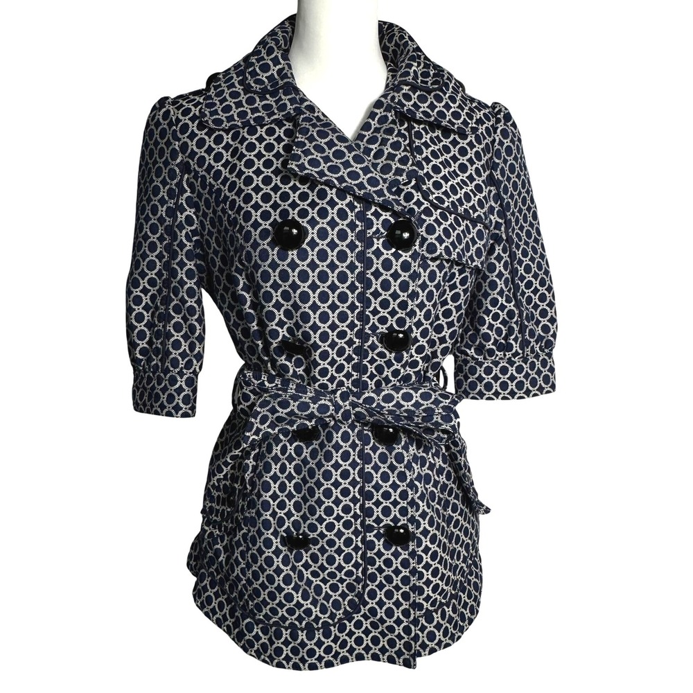 BIZZ Womens Medium Navy Blue White Geometric Print Belt Short Sleeve Trench Coat